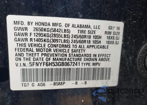 2016 Honda Pilot Ex-L from USA, damaged, VIN 5FNYF6H53GB067241